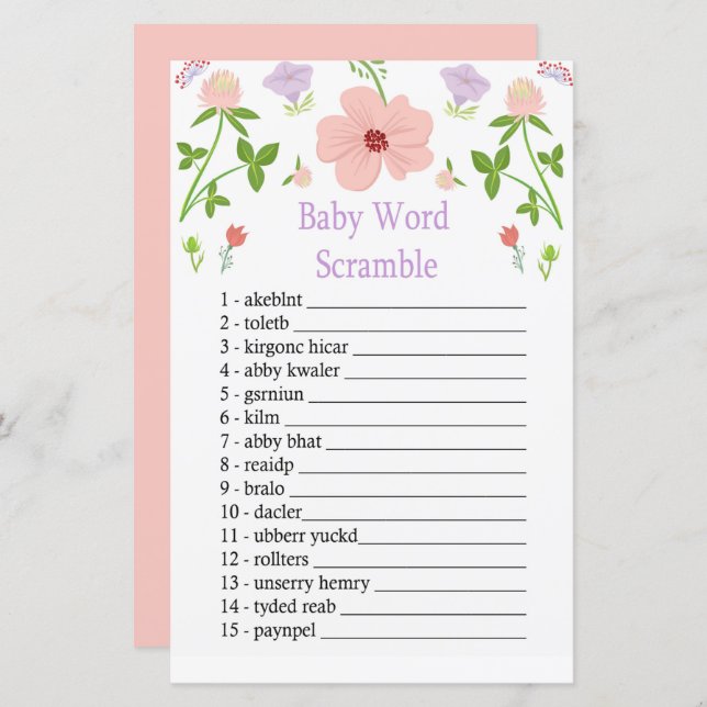 Pink Flowers Baby word scramble game (Front/Back)