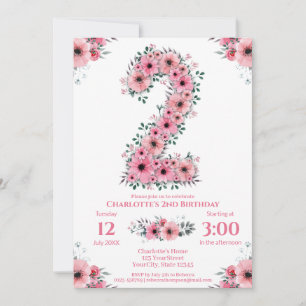 Pink Flowers Big 2nd Birthday Girl Green Foliage Invitation