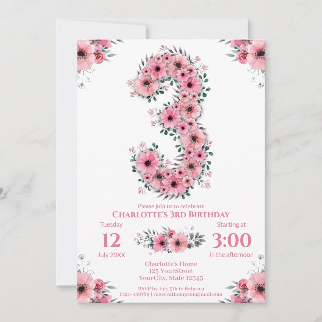 Pink Flowers Big 3rd Birthday Girl Green Foliage Invitation (Front)