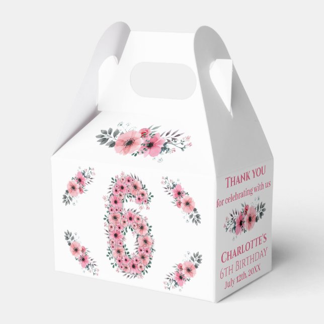 Pink Flowers Big 6th Birthday Girl Green Foliage Favour Box (Front Side)