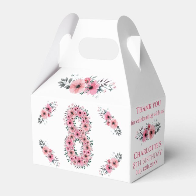 Pink Flowers Big 8th Birthday Girl Green Foliage Favour Box (Front Side)