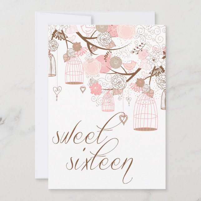 Pink Flowers & Birdcages Sweet Sixteen Invitations (Front)