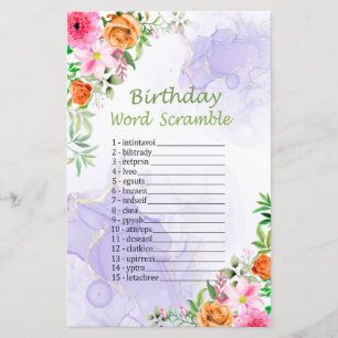 Pink Flowers Birthday Word Scramble Game