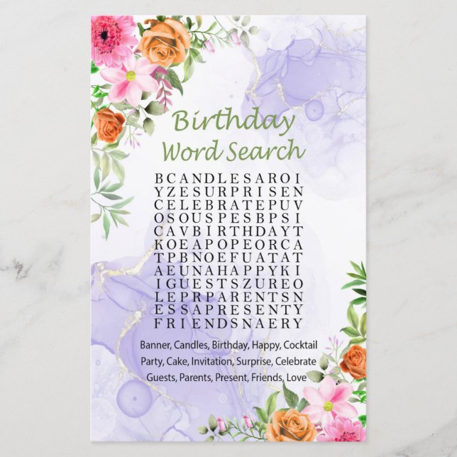 Pink Flowers Birthday Word Search Game (Front)