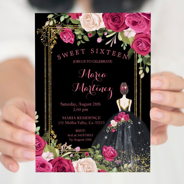Pink Flowers & Black Background 16th Birthday  Invitation (Creator Uploaded)