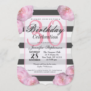 Pink Flowers & Black, Grey, & White Stripes Invitation