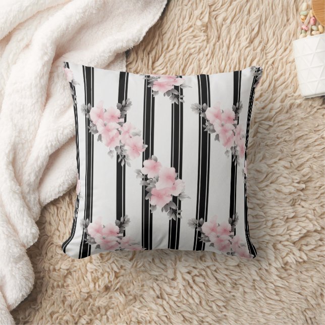 Pink Flowers & Black Stripes  Cushion (Blanket)