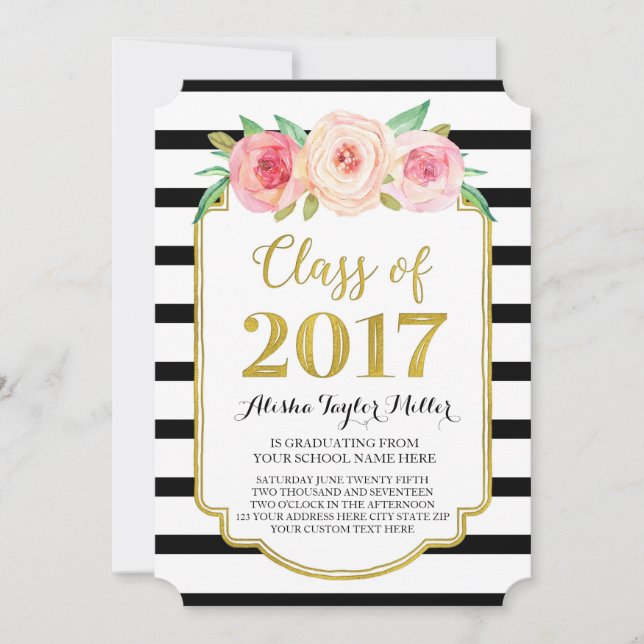 Pink Flowers Black Stripes Gold Photo Graduation Invitation (Front)