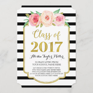 Pink Flowers Black Stripes Gold Photo Graduation Invitation