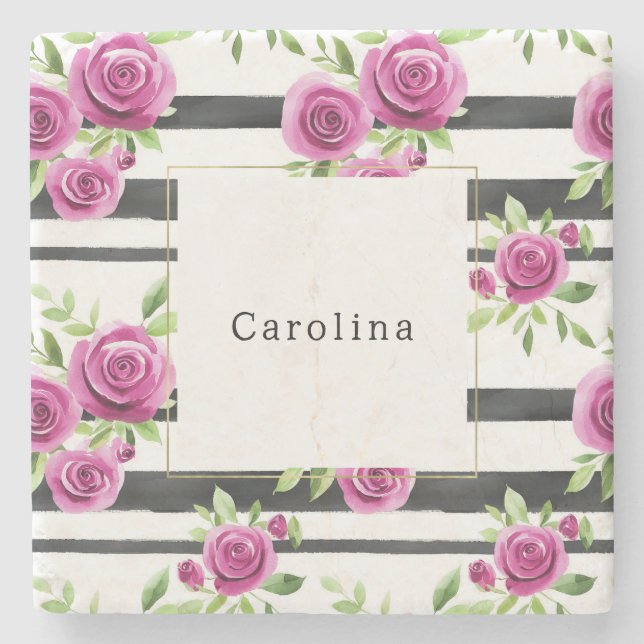 Pink Flowers Black Stripes   Stone Coaster (Front)