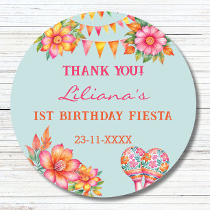 Pink Flowers Blue Fiesta 1st Birthday Favor Classic Round Sticker