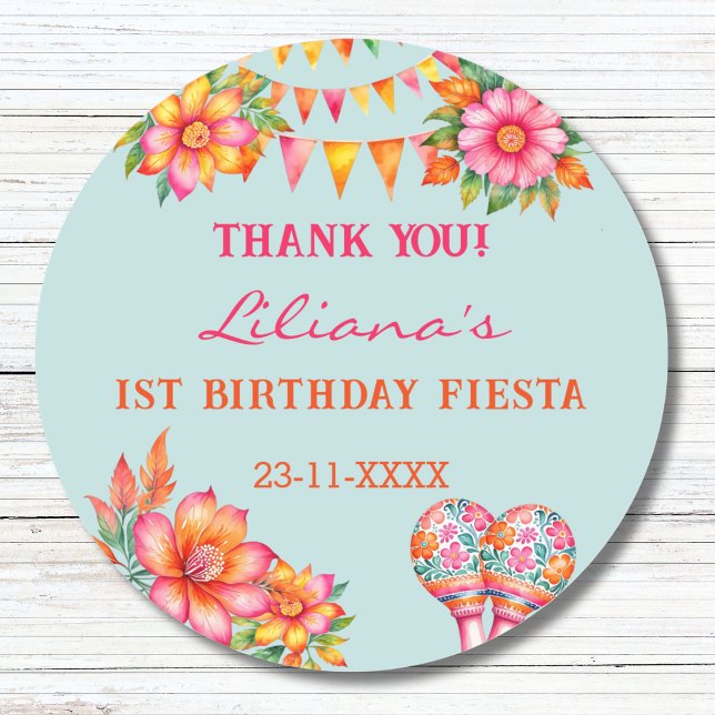 Pink Flowers Blue Fiesta 1st Birthday Favour Classic Round Sticker (Creator Uploaded)