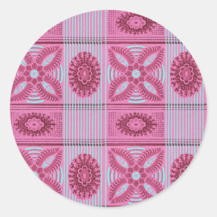 pink flowers blue stripes vintage art Pattern Classic Round Sticker