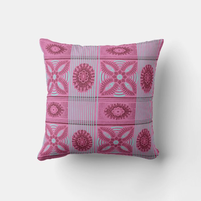 pink flowers blue stripes vintage art Pattern  Cushion (Back)