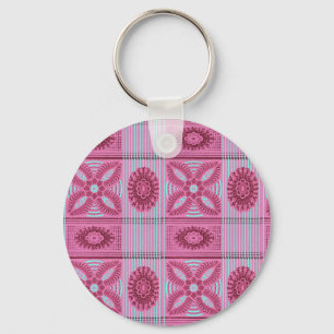 pink flowers blue stripes vintage art Pattern  Key Ring