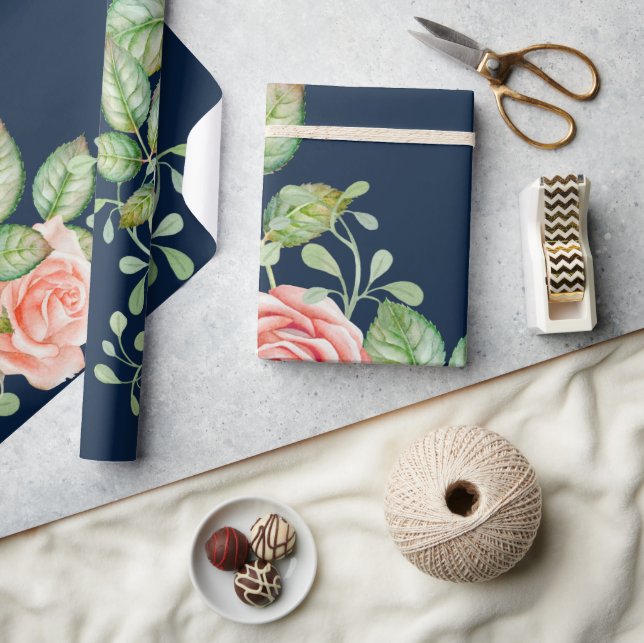 Pink Flowers Blue Wrapping Paper (Crafts)