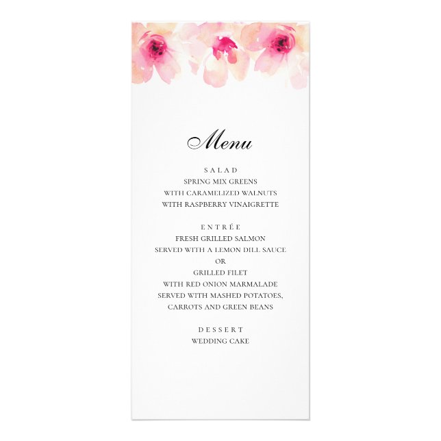Pink flowers. Blush floral wedding dinner menu (Front)