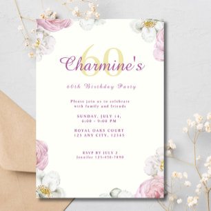 Pink Flowers Boho Elegant 60th Birthday Party Invitation