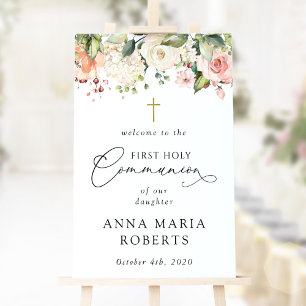 Pink Flowers, Boho, First Holy Communion Welcome Poster