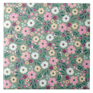 Pink flowers Botanical Green Design Ceramic Tile
