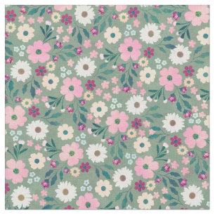 Pink flowers Botanical Green Design Fabric