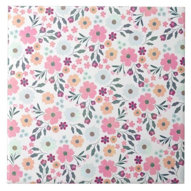 Pink flowers Botanical White Design Ceramic Tile (Front)