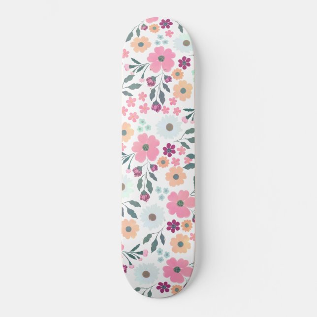 Pink flowers Botanical White Design Skateboard (Front)