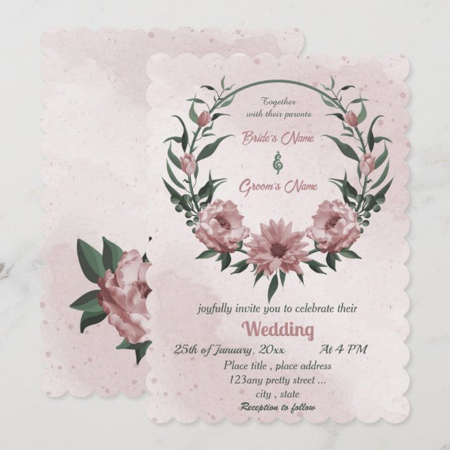 pink flowers botanical wreath wedding  invitation (Front/Back)