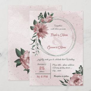 pink flowers botanical wreath wedding invitation