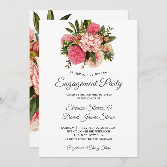 Pink flowers bouquet classy elegant engagement invitation (Front/Back)