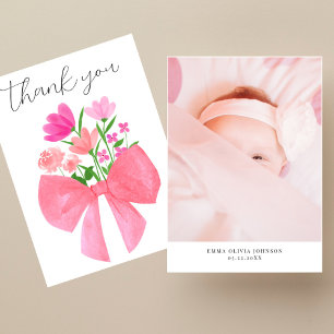 Pink Flowers Bouquet Photo Baby Shower Thank You Card