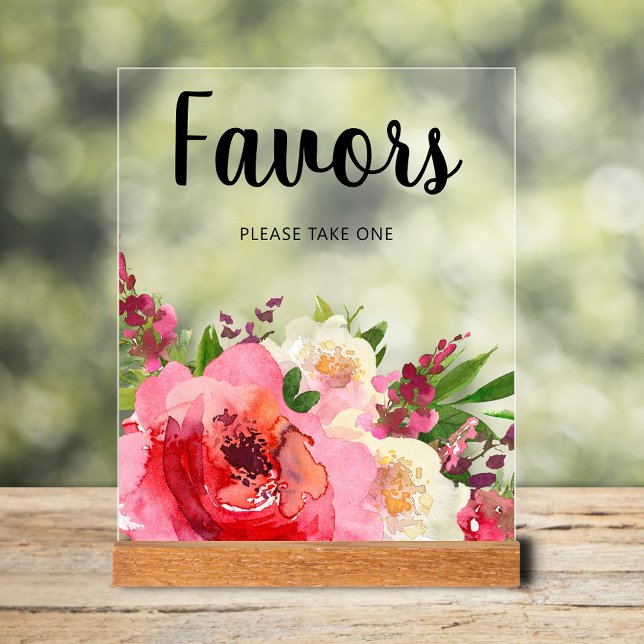 Pink Flowers Bridal Shower Favours Acrylic Sign (Favors bridal shower tabletop  acrylic sign with pink and cream flowers and greenery)