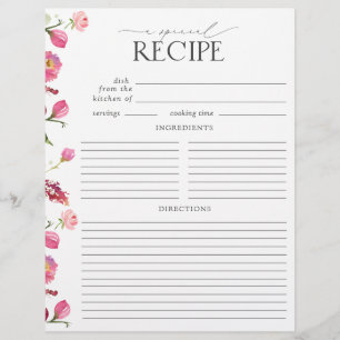 Pink Flowers Bridal Shower Recipe Binder Page