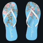 Pink Flowers Bright Blue Background Wedding Gifts  Thongs<br><div class="desc">The flops features pink flowers illustration on bright blue background, and a classic wedding words typography. This elegant pair of flip flops is a beautiful and memorable gifts for the member of bridal party: bride tribe, bridesmaids, mother of the bride, maid of honour... adding a stylish dose of glam to your wedding day,...</div>