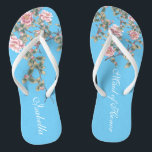 Pink Flowers Bright Blue Background Wedding Gifts  Thongs<br><div class="desc">The flops features pink flowers illustration on bright blue background, and a classic wedding words typography. This elegant pair of flip flops is a beautiful and memorable gifts for the member of bridal party: bride tribe, bridesmaids, mother of the bride, maid of honour... adding a stylish dose of glam to your wedding day,...</div>