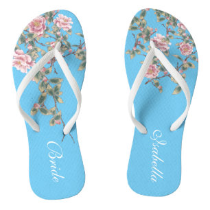 Pink Flowers Bright Blue Wedding Bride Thongs