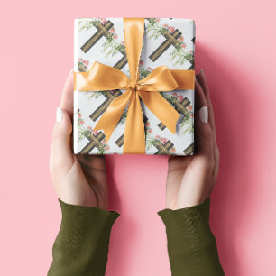 Pink Flowers Brown Religious Cross Easter Wrapping Paper