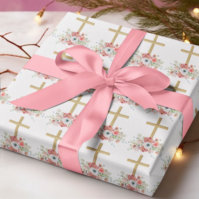 Pink Flowers Brown Religious Cross Easter Wrapping Paper (Creator Uploaded)