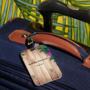 Pink flowers brown wood luggage tag