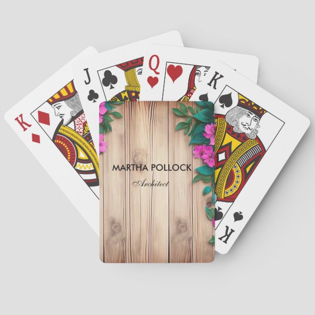 Pink flowers brown wood  playing cards (Back)