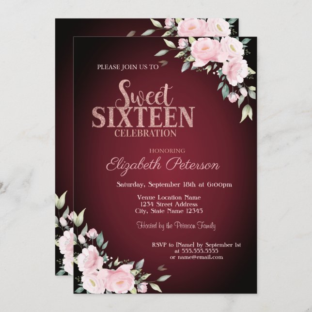 Pink Flowers Burgundy Sweet 16 Invitation (Front/Back)