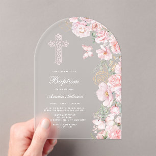 Pink Flowers Butterflies Arch Baptism Acrylic Invitations