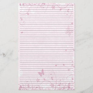 Pink Flowers Butterflies Lined Stationery Paper