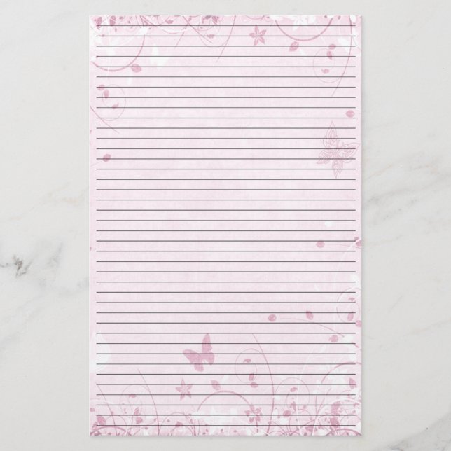Pink Flowers Butterflies Lined Stationery Paper (Front)