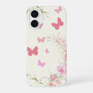 Pink Flowers, Butterflies, Pale Pink Background iPhone 16 Case