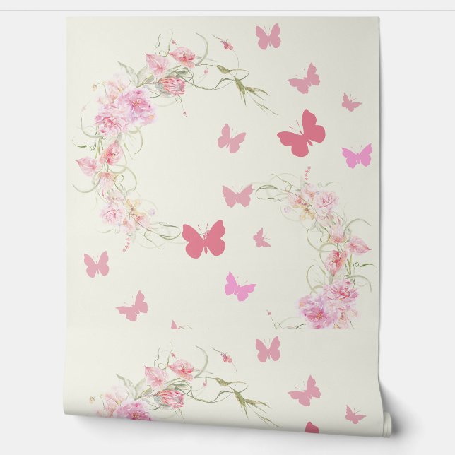 Pink Flowers, Butterflies, Pale Pink Background Wallpaper (Unrolling)