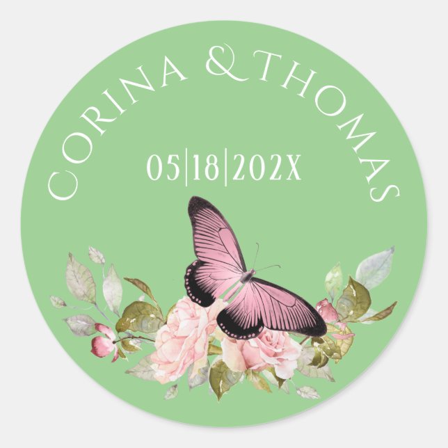 Pink Flowers & Butterfly on Green Wedding Classic Round Sticker (Front)