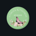 Pink Flowers & Butterfly on Green Wedding Magnet<br><div class="desc">Elegant design features watercolor pink rose spray bouquet with added pink butterfly on green background.  Add couple's name and date or other special message</div>