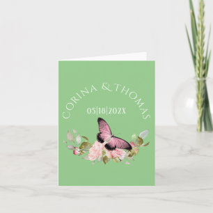 Pink Flowers & Butterfly on Green Wedding Note Card