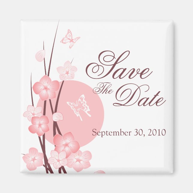 Pink Flowers Butterfly Save the Date Announcement Magnet (Front)